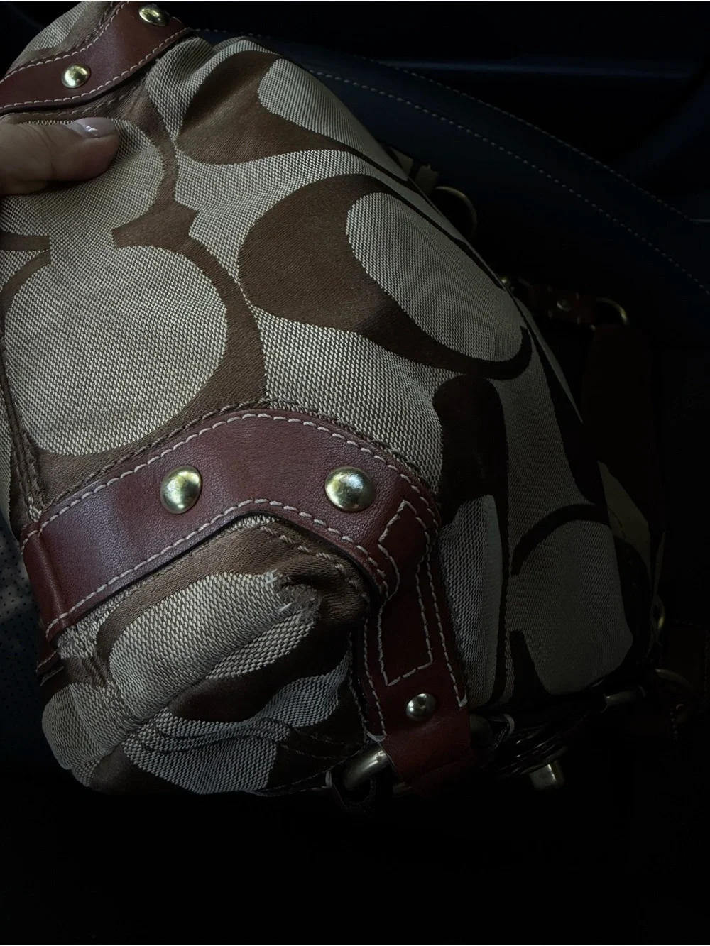 Coach Carly Signature Brown Khaki Jacquard Leather Shoulder Bag Y2K Boho